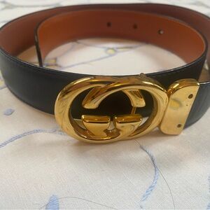 GUCCI - Midnite Navy Leather Belt with Gold Tone Buckle